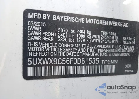 2015 BMW X3 xDrive28I z USA, uszkodzony, nr VIN 5UXWX9C56F0D61535